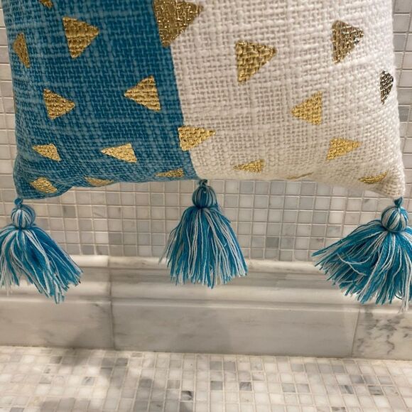 Pier One Lumbar Teal White Pillow with Tassels - Picture 7 of 9